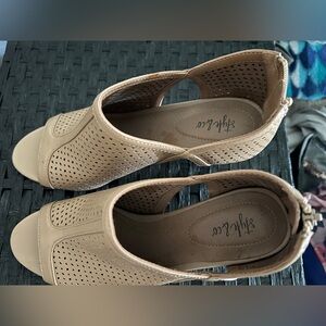 Style & Co open toe heels - nude perforated uppers, size 9.5M
